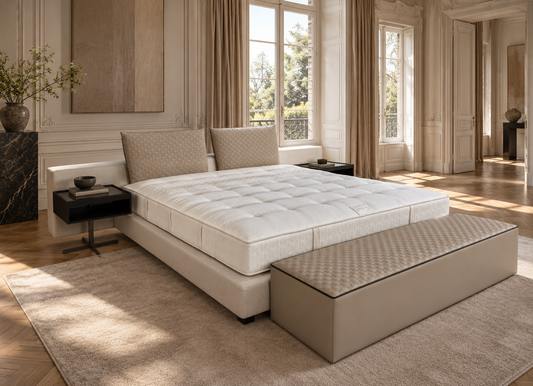 Minotti Yang Bed set (2 leather headrests & Ottoman + 2 minotti close Side tables) LP 2026 € 35.810,-