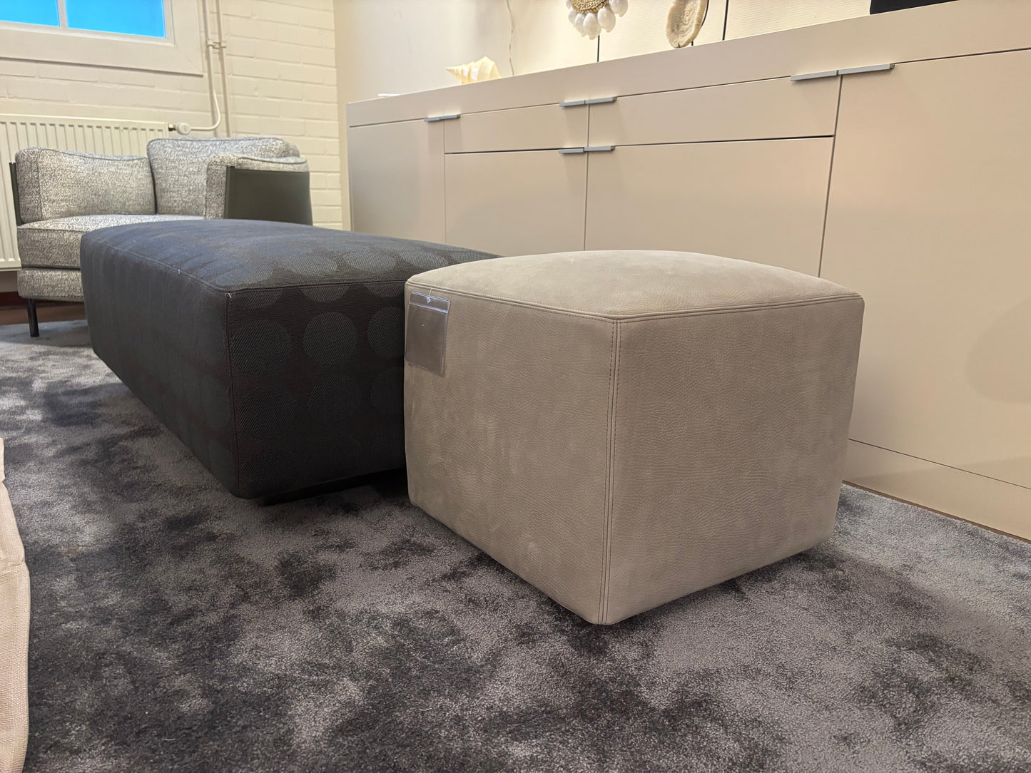 Minotti Damier Pouf/Ottoman combination fabric/leather