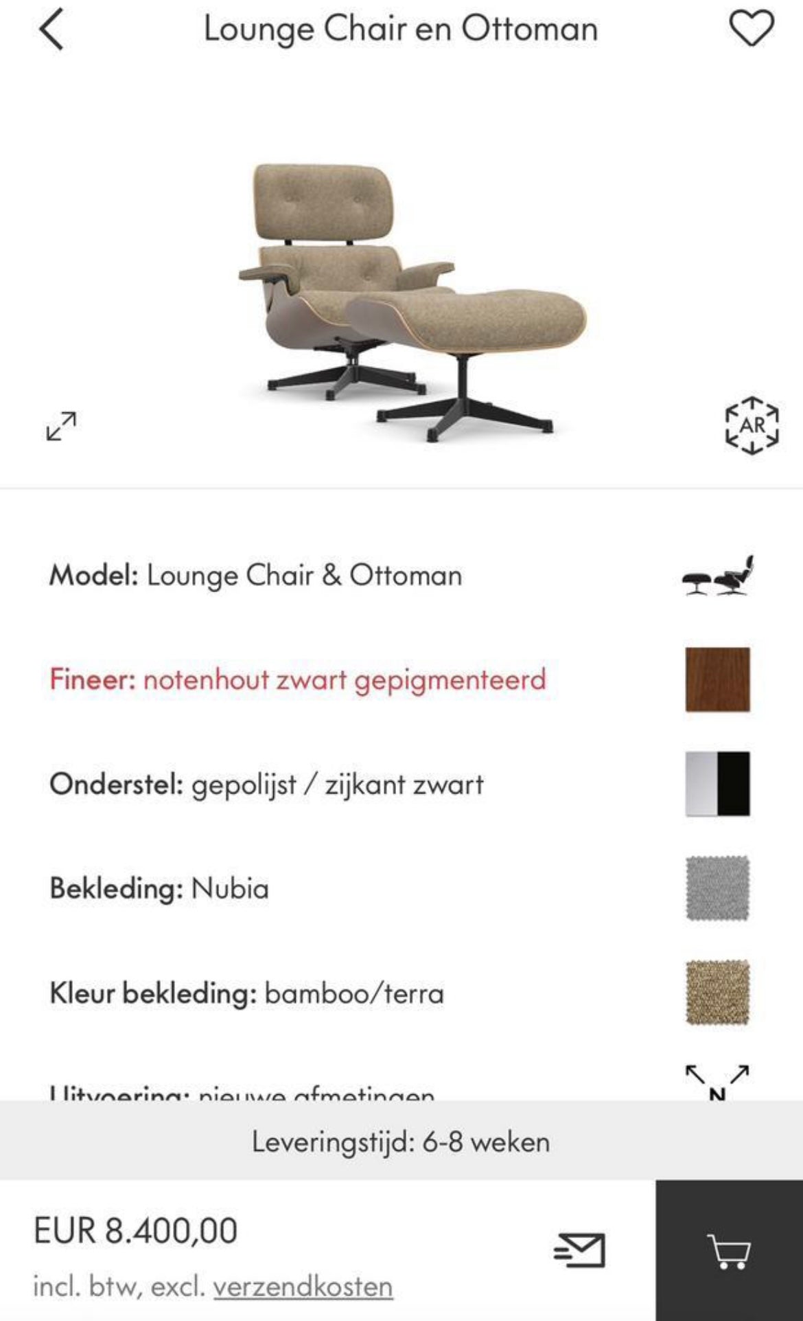 Vitra Lounge chair + Ottoman XL walnut with Nubia fabric