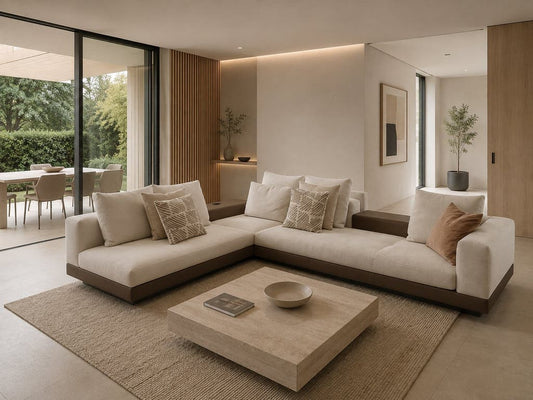 Minotti Connery modulaire hoekbank – ecru Aspen stof en leer – foto 2
