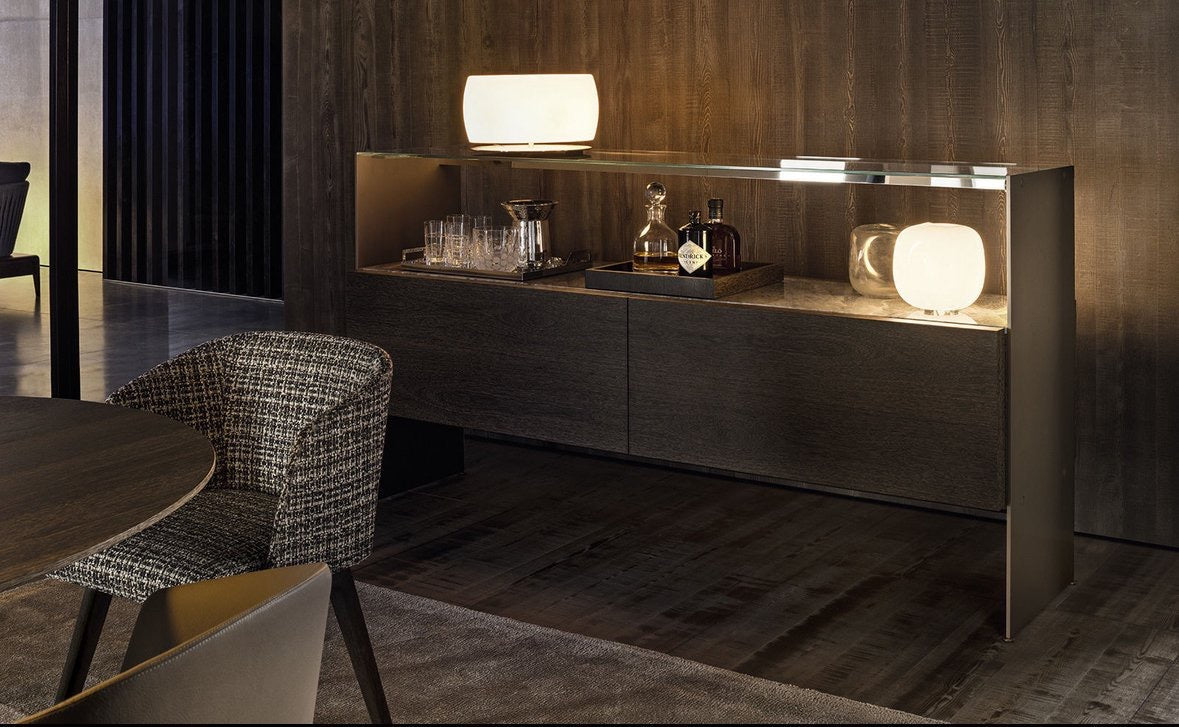 Minotti Carson Buffet cabinet sucupira wood, bronze, marble glass show model