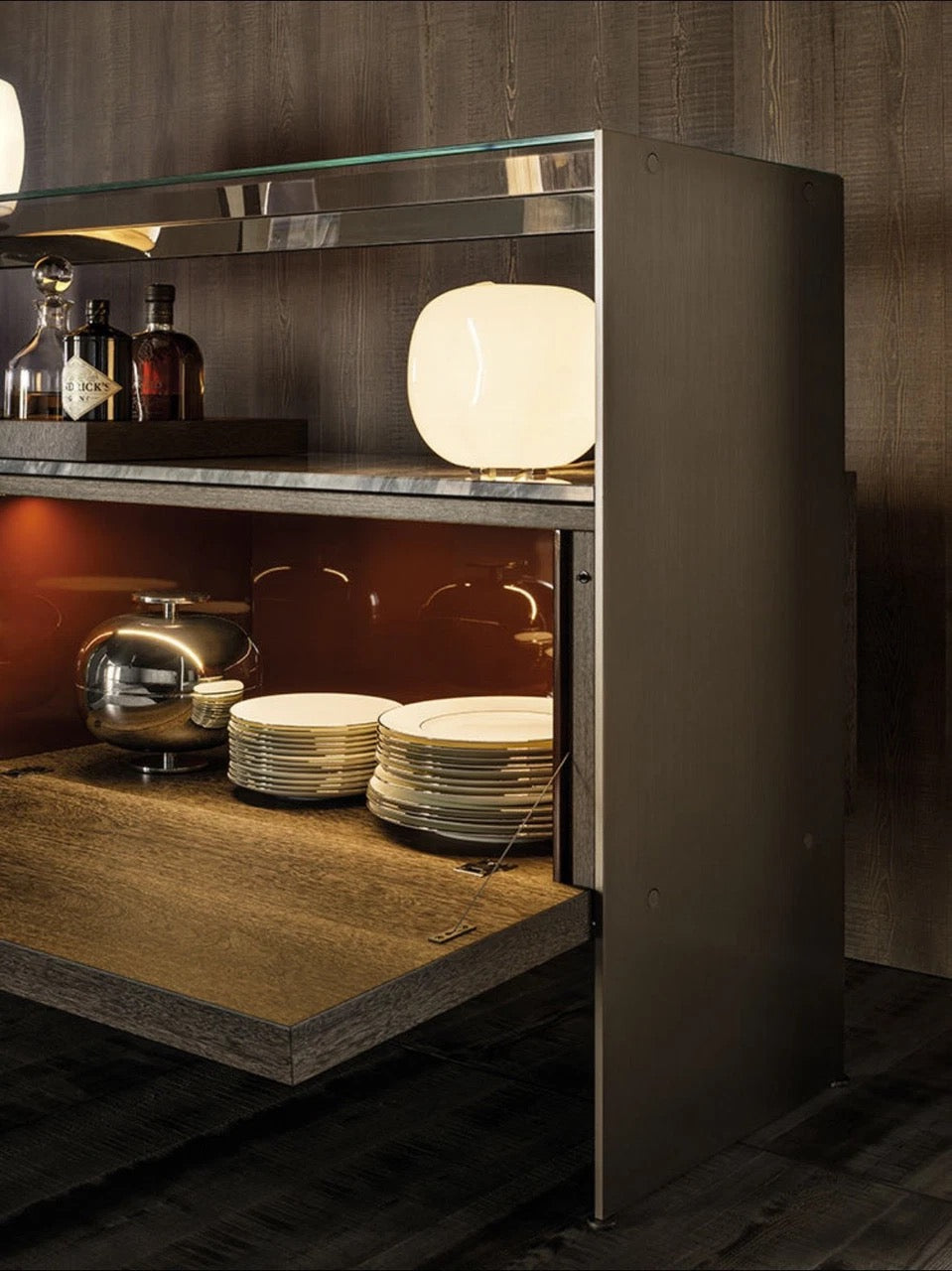 Minotti Carson Buffet cabinet sucupira wood, bronze, marble glass show model