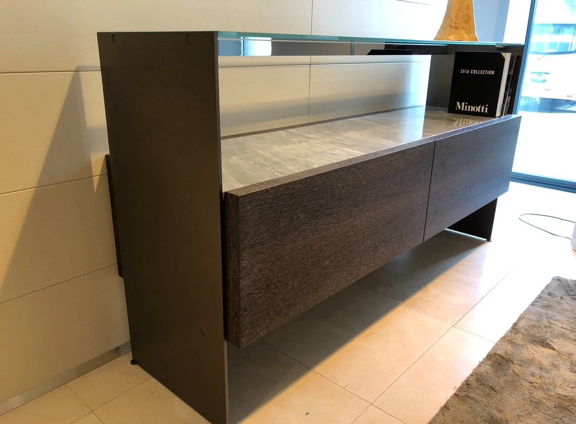 Minotti Carson Buffet cabinet sucupira wood, bronze, marble glass show model