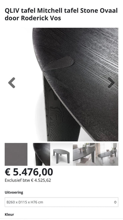 Qliv Stone Oval 115x260cm in Charcoal Zwart Gebeitst Massief Essen Showmodel