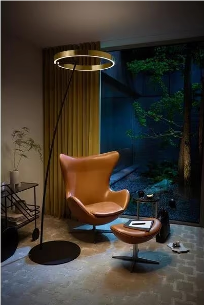 Vloerlamp Occhio Mito Raggio mat zwarte basis (voet + carbon stang) icm licht ring uitgevoerd in mat Goud
